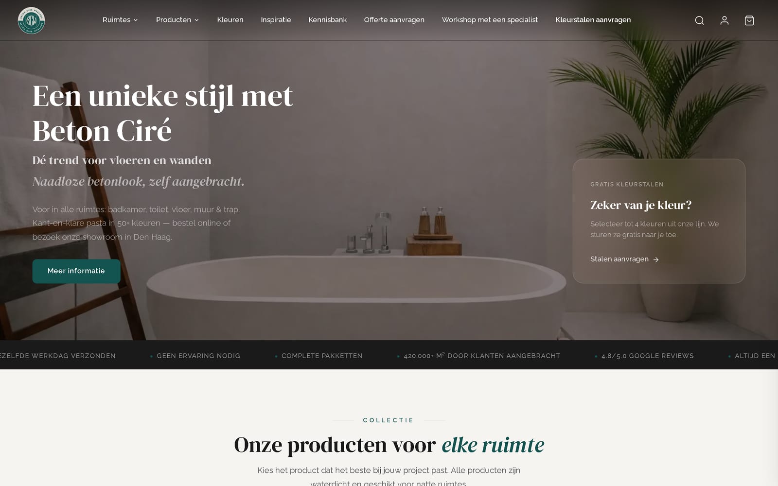 Homepage van een betonlook-webshop met productcategorieen per ruimte