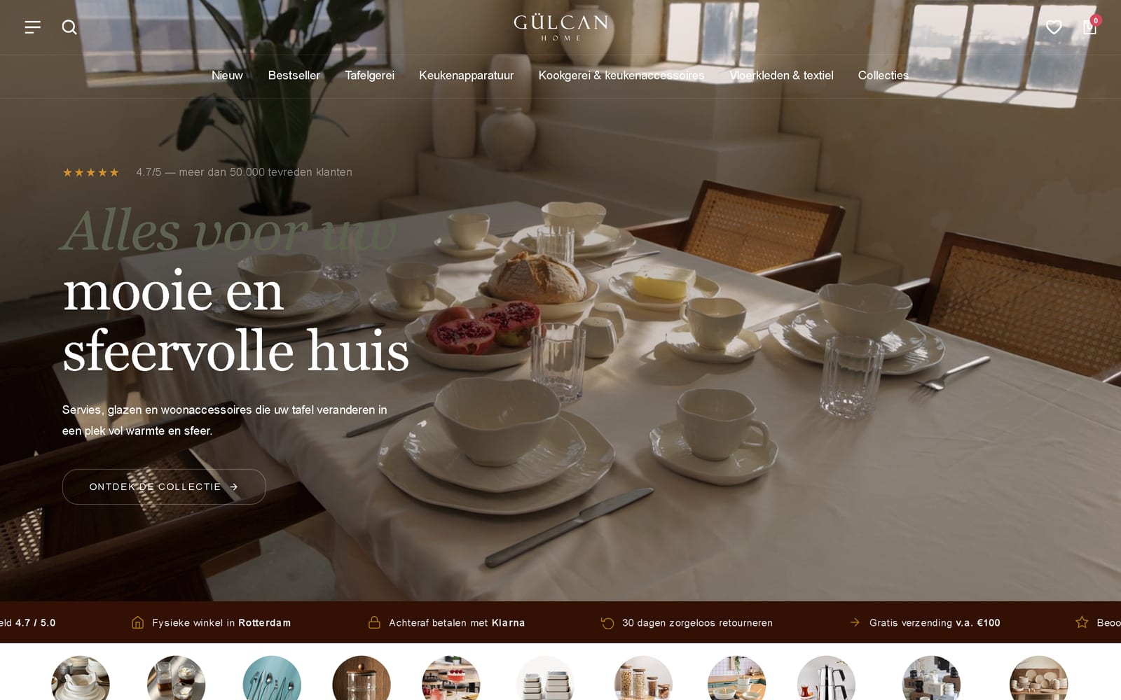 Homepage van een woon- en serviesgoedwebshop met warme productfotografie